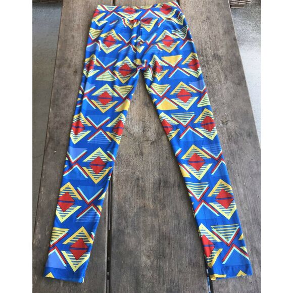 LuLaRoe Womens‎ Leggings One Size Blue Red Yellow Triangles Geometric Soft OS - Picture 6 of 8